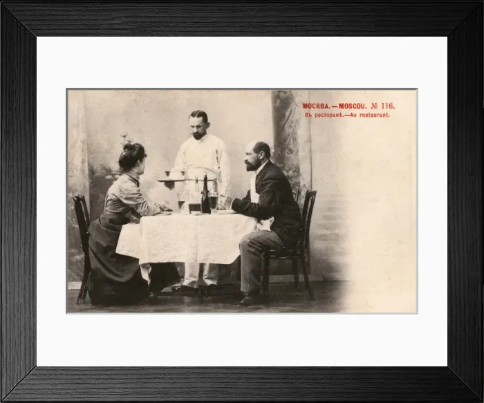 Framed Print : Russian Restaurant scene - Waiter delivering the aperitifs Framed Print : Russian Restaurant scene - Waiter delivering the aperitifs