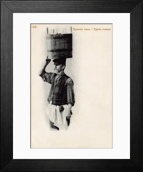 Framed Print : Russian porter with a large wooden bucket on his head Framed Print : Russian porter with a large wooden bucket on his head