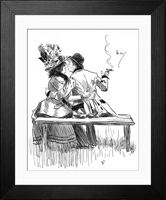 Framed Print : Coster Cockney couple embracing on a park bench Framed Print : Coster Cockney couple embracing on a park bench