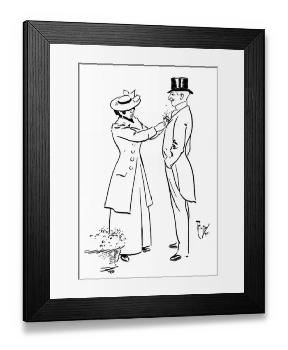 Framed Print : Cockney London Flowergirl sells buttonhole to city gent Framed Print : Cockney London Flowergirl sells buttonhole to city gent