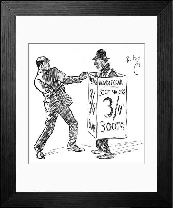 Framed Print : A sandwich board man incurs the wrath of an enraged man Framed Print : A sandwich board man incurs the wrath of an enraged man