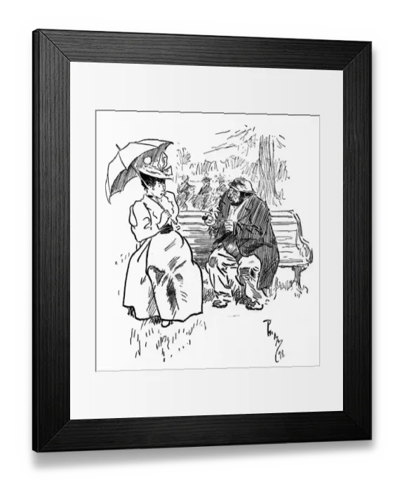 Framed Print : Tramp asks a horrified lady for a hairpin to clean his pipe Framed Print : Tramp asks a horrified lady for a hairpin to clean his pipe