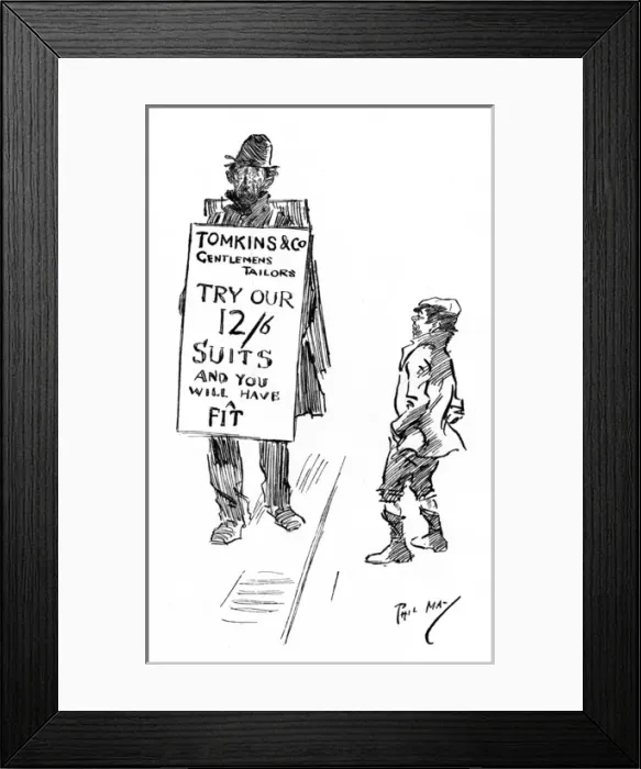 Framed Print : Very tatty sandwichboard man advertises smart Gents suits Framed Print : Very tatty sandwichboard man advertises smart Gents suits