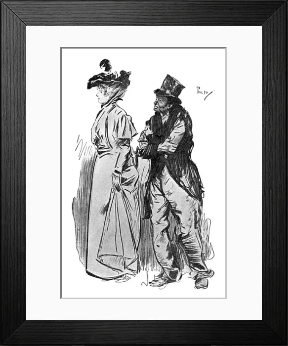 Framed Print : Cheeky London vagrant asks a smart lady for a kiss Framed Print : Cheeky London vagrant asks a smart lady for a kiss