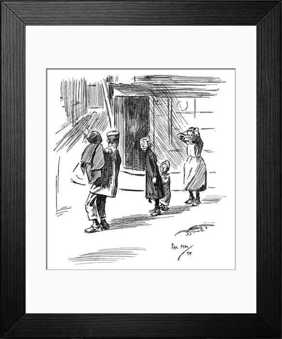 Framed Print : Orphan girl responds to threat from man in the street Framed Print : Orphan girl responds to threat from man in the street
