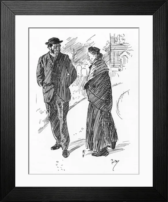 Framed Print : Elderly woman comments to the vicar on the new graveyard Framed Print : Elderly woman comments to the vicar on the new graveyard