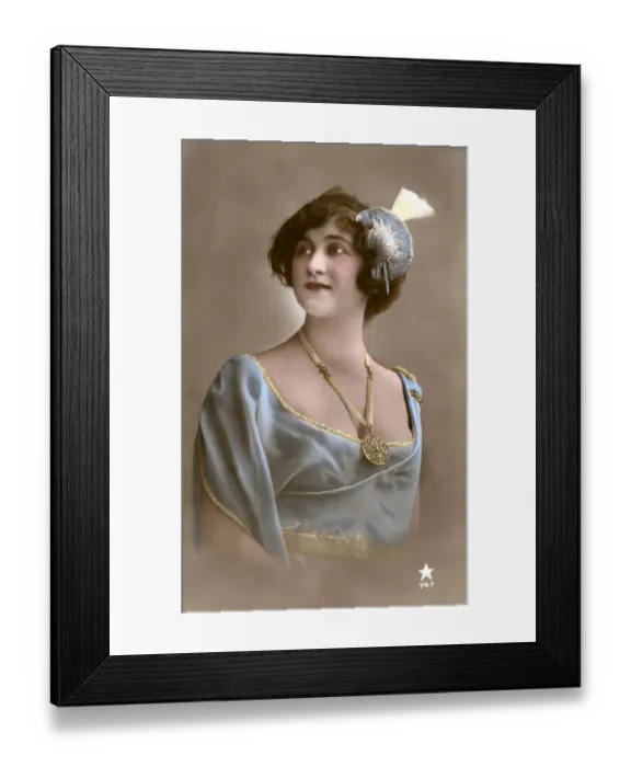 Framed Print : Pretty French Girl in powder blue dress and large medallion Framed Print : Pretty French Girl in powder blue dress and large medallion