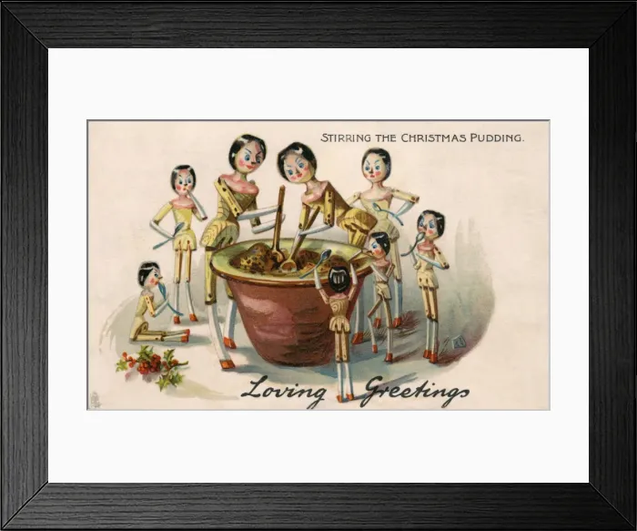 Framed Print : Wooden Dolls stirring the Christmas Pudding Framed Print : Wooden Dolls stirring the Christmas Pudding