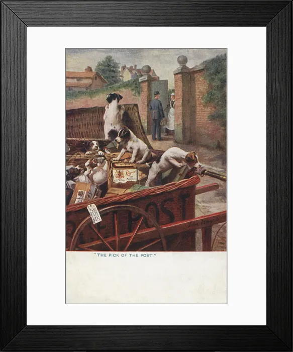 Framed Print : Puppies attaching the post - Ridways Tea Advertisement Framed Print : Puppies attaching the post - Ridways Tea Advertisement