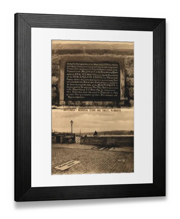 Framed Print : Mayflower memorial stone and Tablet, Plymouth, England Framed Print : Mayflower memorial stone and Tablet, Plymouth, England