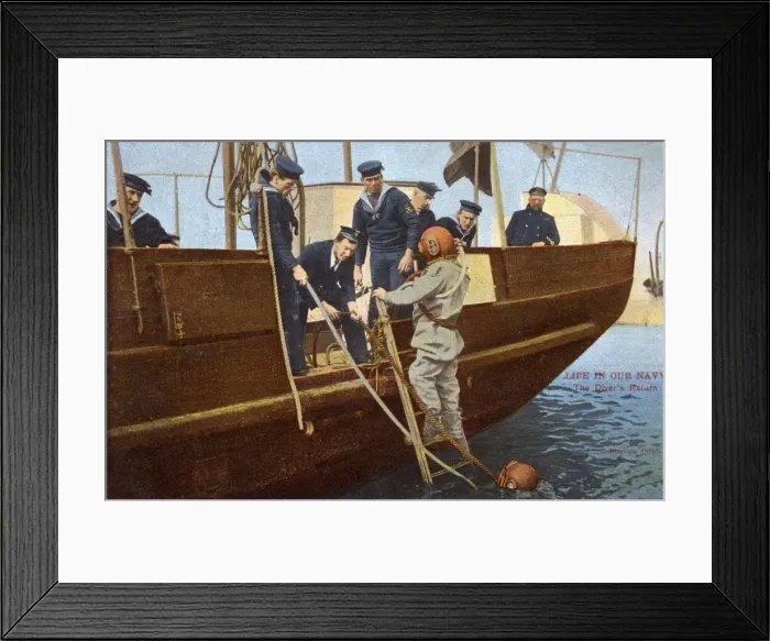 Framed Print : Two Royal Navy Divers return to deck Framed Print : Two Royal Navy Divers return to deck