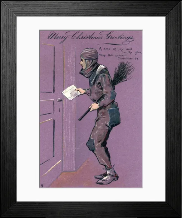 Framed Print : Christmas Postcard - Jolly Sweep delivering a letter Framed Print : Christmas Postcard - Jolly Sweep delivering a letter