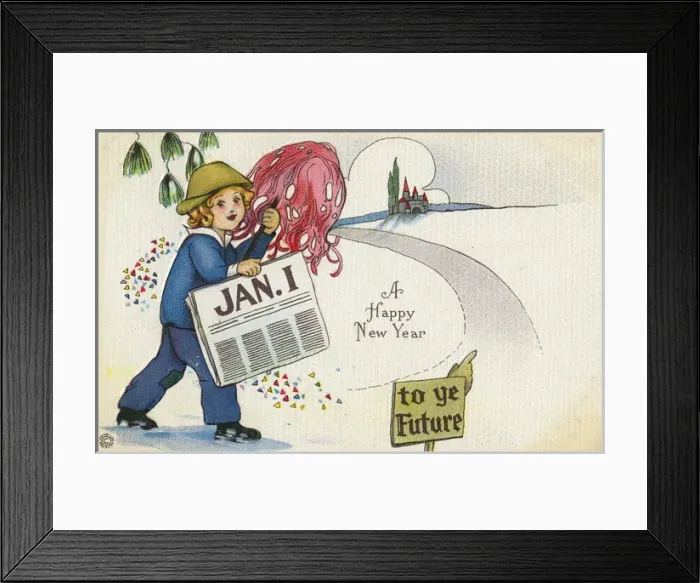 Framed Print : American New Years Card - Young boy striding into the future Framed Print : American New Years Card - Young boy striding into the future