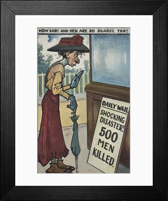 Framed Print : Comic Postcard - Woman bemoans lack of male interest Framed Print : Comic Postcard - Woman bemoans lack of male interest