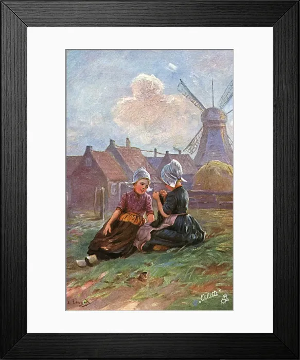 Framed Print : Dutch Peasant Girls knitting Fathers socks Framed Print : Dutch Peasant Girls knitting Fathers socks