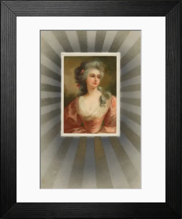 Framed Print : 18th Century Woman with 1920s Postcard Kitch surround Framed Print : 18th Century Woman with 1920s Postcard Kitch surround