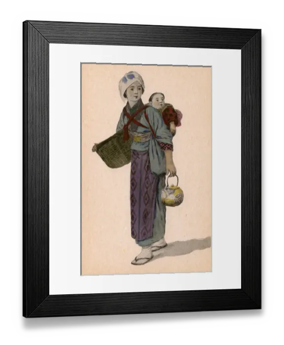 Framed Print : Japan - Japanese woman with basket, teapot and Baby Framed Print : Japan - Japanese woman with basket, teapot and Baby