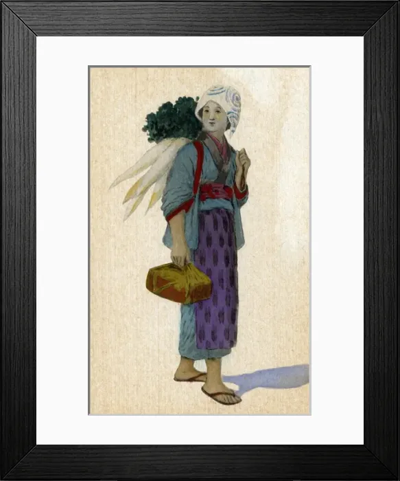 Framed Print : Japan - Japanese woman carrying bunch of daikon and package Framed Print : Japan - Japanese woman carrying bunch of daikon and package