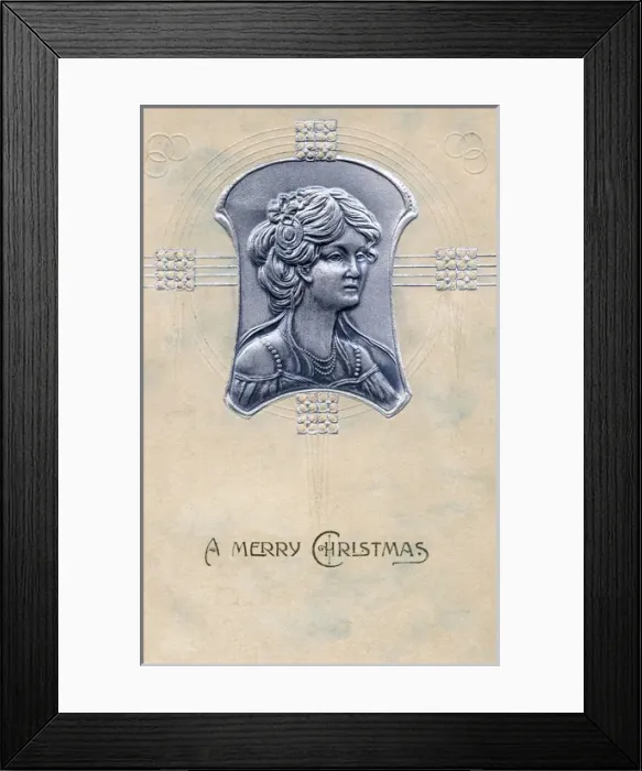 Framed Print : Embossed silver portrait of a Woman - Christmas Postcard Framed Print : Embossed silver portrait of a Woman - Christmas Postcard
