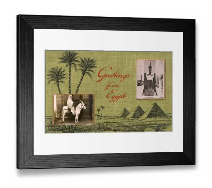 Framed Print : Greetings from Egypt - Pharoah Statue and Sheik on a Mule Framed Print : Greetings from Egypt - Pharoah Statue and Sheik on a Mule
