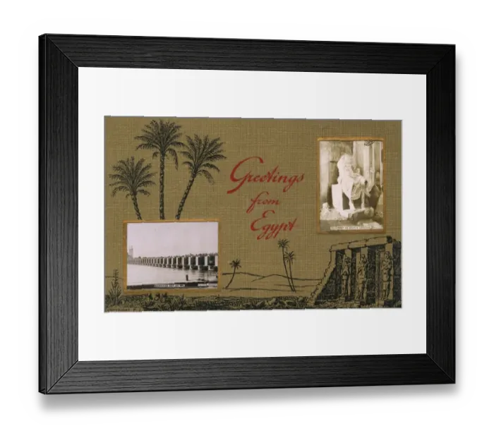 Framed Print : Greetings from Egypt - Dam on the Nile and Greek Statue Framed Print : Greetings from Egypt - Dam on the Nile and Greek Statue