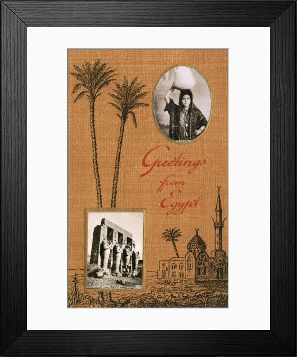 Framed Print : Greetings from Egypt - Water Carrier and Ramesseum, Thebes Framed Print : Greetings from Egypt - Water Carrier and Ramesseum, Thebes