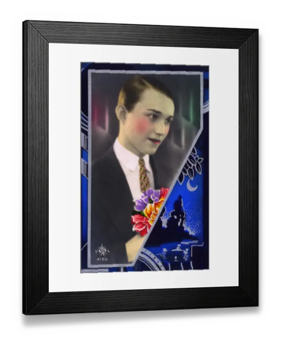 Framed Print : Kitsch Italian postcard - Young man with floral bouquet Framed Print : Kitsch Italian postcard - Young man with floral bouquet
