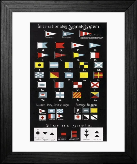 Framed Print : International system of flag signalling - German postcard Framed Print : International system of flag signalling - German postcard