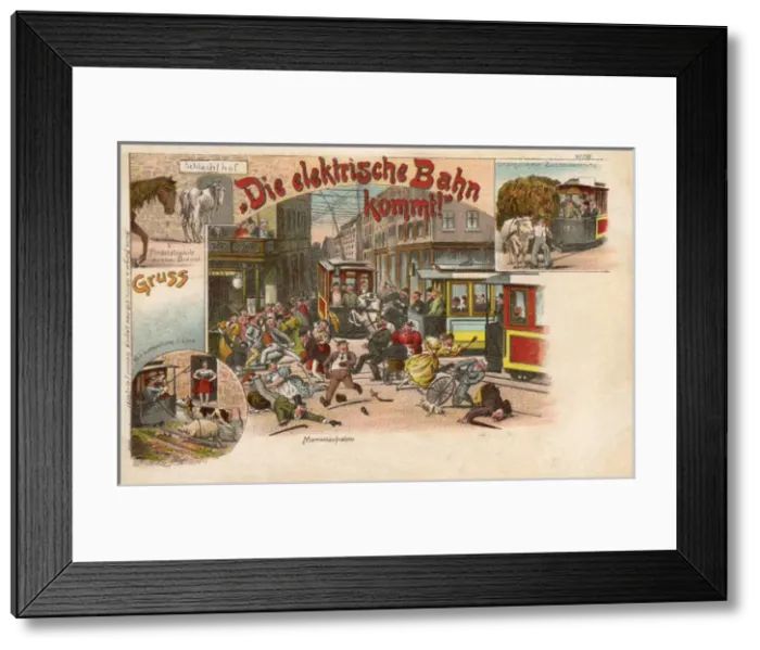 Framed Print : The Electric Tram is Coming! A warning to pedestrians Framed Print : The Electric Tram is Coming! A warning to pedestrians