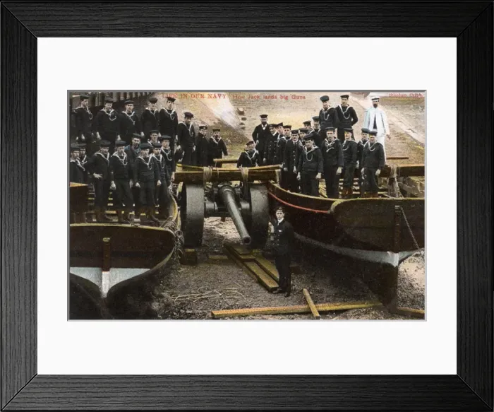 Framed Print : How the Royal Navy lands a heavy gun between two boats Framed Print : How the Royal Navy lands a heavy gun between two boats