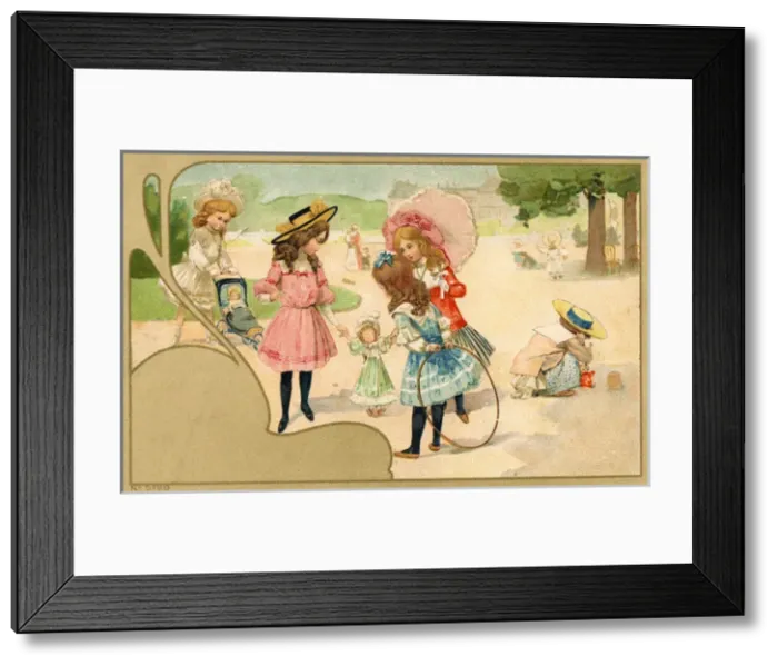Framed Print : Girls having fun in the park playing with hoops and dolls Framed Print : Girls having fun in the park playing with hoops and dolls
