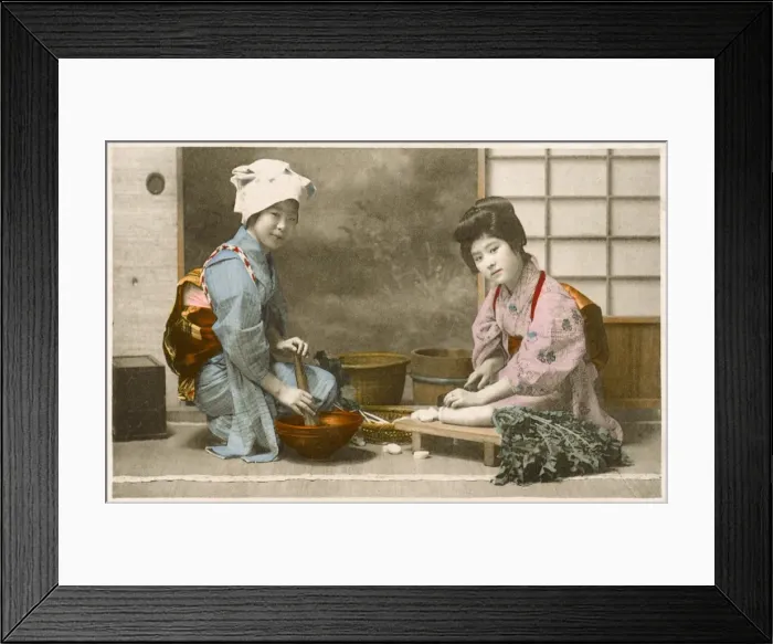 Framed Print : Japan - Women preparing food including chopping a daikon Framed Print : Japan - Women preparing food including chopping a daikon