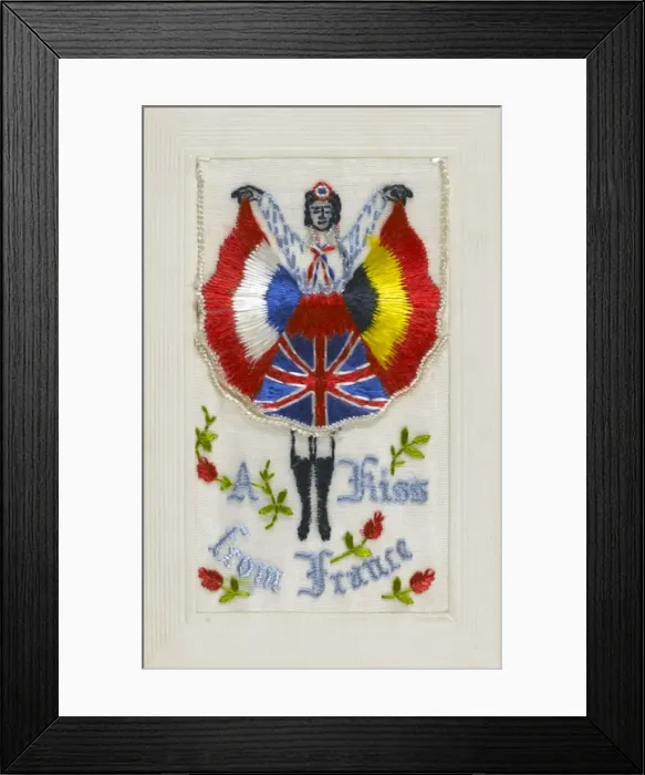 Framed Print : Embroidered Postcard - Can Can Dancer - A Kiss from France Framed Print : Embroidered Postcard - Can Can Dancer - A Kiss from France