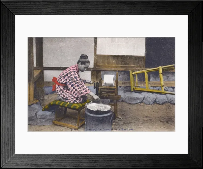 Framed Print : Japanese Silk Industry - Reeling the Cocoons by Hand-reel Framed Print : Japanese Silk Industry - Reeling the Cocoons by Hand-reel