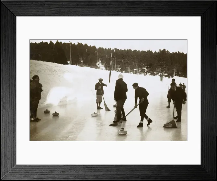 Framed Print : Curling on a frozen pond / lake in France - 1920s Framed Print : Curling on a frozen pond / lake in France - 1920s