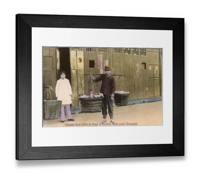 Framed Print : Chinese food seller in front of a Brothel, Shanghai, China Framed Print : Chinese food seller in front of a Brothel, Shanghai, China