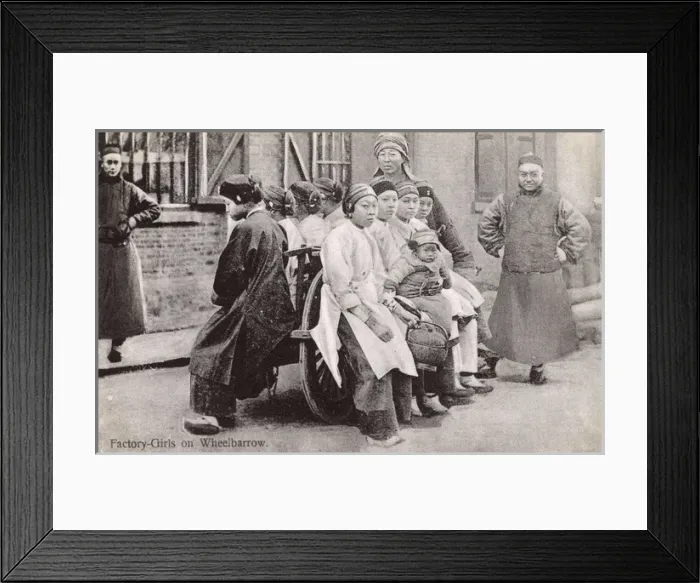 Framed Print : Eight Chinese Factory Girls on a wheelbarrow, China Framed Print : Eight Chinese Factory Girls on a wheelbarrow, China