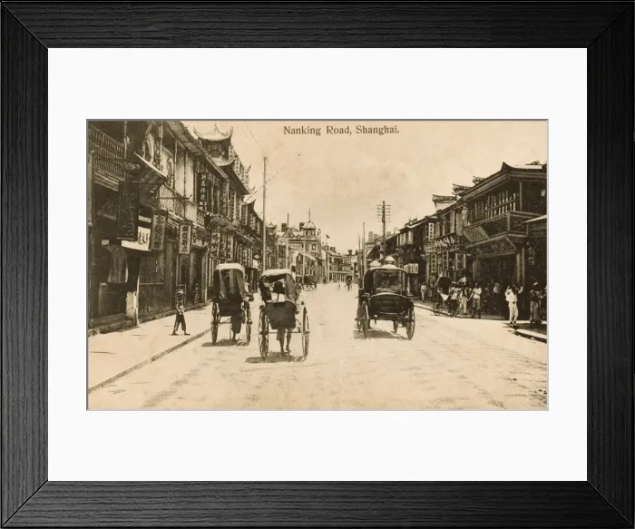 Framed Print : China - Shanghai - Nanjing Road - Rickshaws and shops Framed Print : China - Shanghai - Nanjing Road - Rickshaws and shops