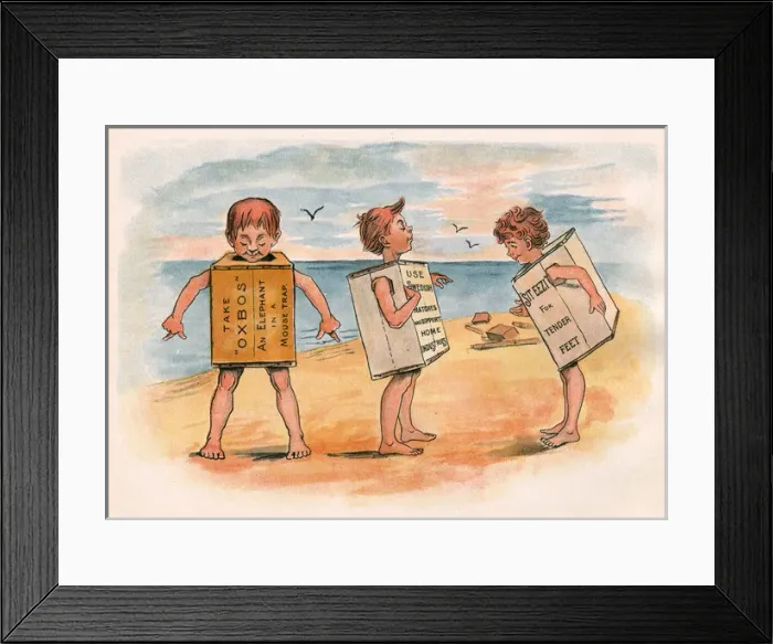 Framed Print : Three schoolboys on desert island have to wear packing cases Framed Print : Three schoolboys on desert island have to wear packing cases