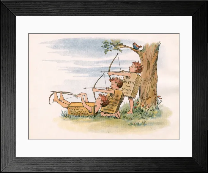 Framed Print : Three schoolboys on desert island shoot at sparrows