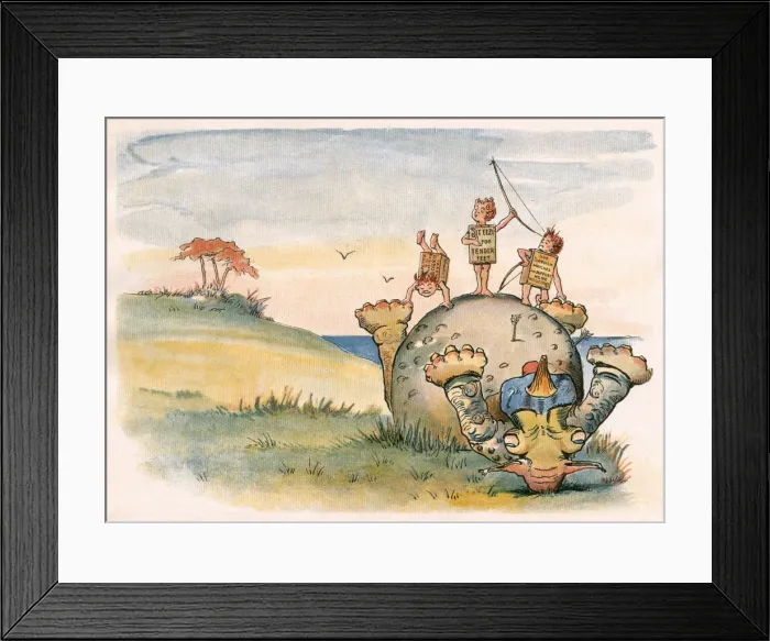 Framed Print : Three schoolboys on desert island vanquish a rhinoceros Framed Print : Three schoolboys on desert island vanquish a rhinoceros