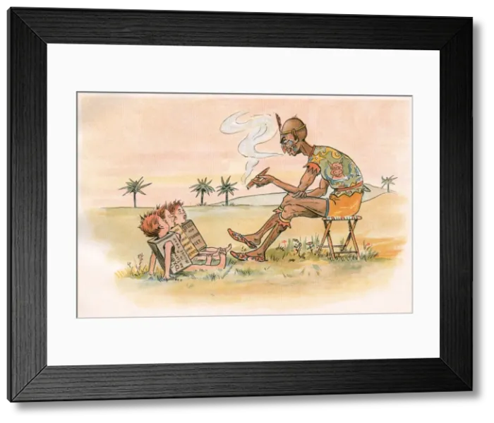 Framed Print : Three schoolboys on a desert island meet an indigenous man Framed Print : Three schoolboys on a desert island meet an indigenous man