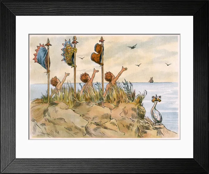 Framed Print : Three boys on a desert island attract a passing ship Framed Print : Three boys on a desert island attract a passing ship