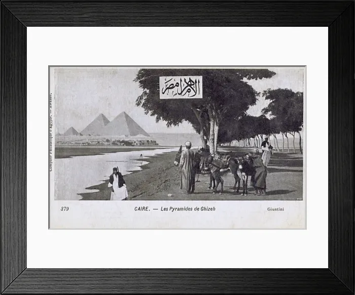 Framed Print : The Pyramids of Giza - Cairo, Egypt - inset Arabic Script Framed Print : The Pyramids of Giza - Cairo, Egypt - inset Arabic Script