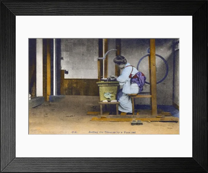 Framed Print : Japan - Silk Industry - Reeling the cocoons by foot reel Framed Print : Japan - Silk Industry - Reeling the cocoons by foot reel