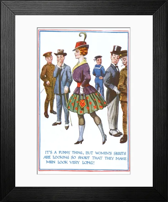 Framed Print : Comic postcard commenting on the length of womens skirts Framed Print : Comic postcard commenting on the length of womens skirts