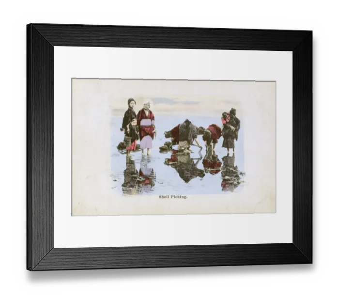 Framed Print : Japan - Women collecting mussels on the beach at low tide Framed Print : Japan - Women collecting mussels on the beach at low tide