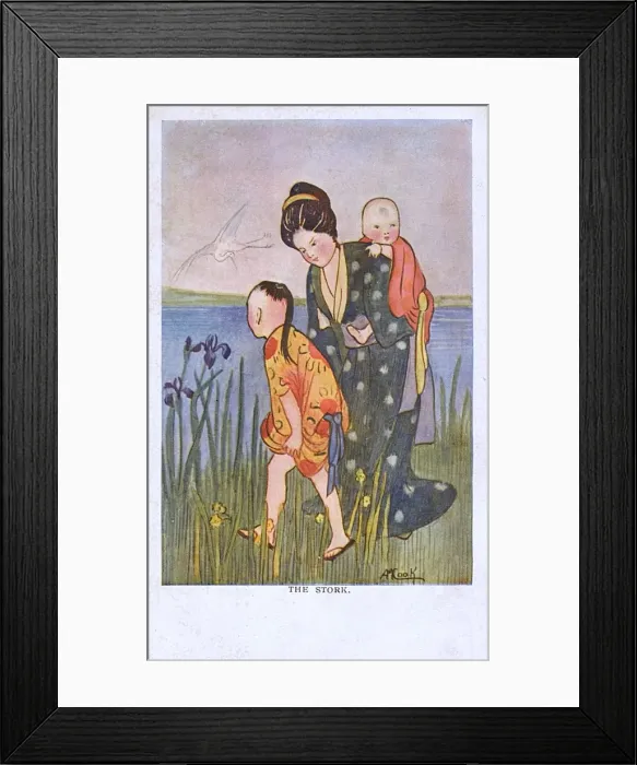 Framed Print : Japan - Woman her two children disturb a stork Framed Print : Japan - Woman her two children disturb a stork