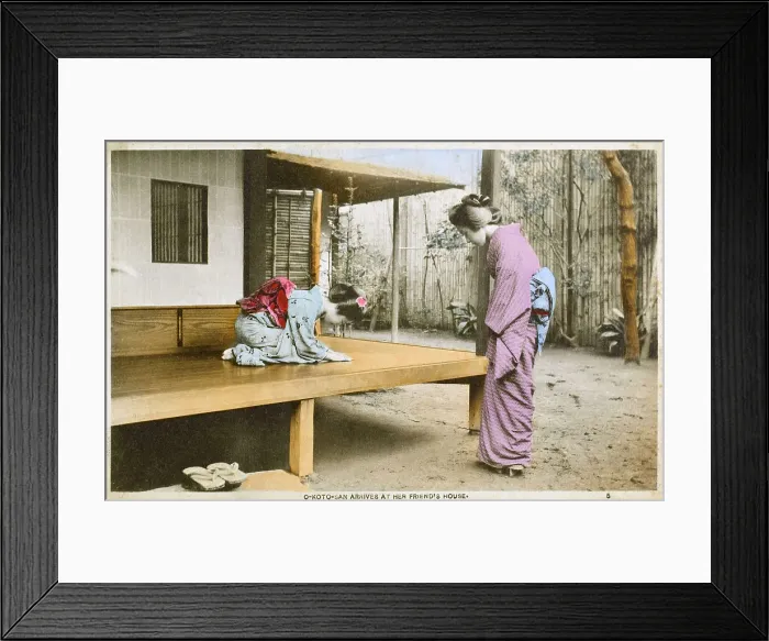 Framed Print : Japanese woman O-koto-san arrives at her friends house Framed Print : Japanese woman O-koto-san arrives at her friends house