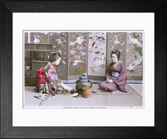 Framed Print : Japanese woman O-koto-san takes tea with her friend Framed Print : Japanese woman O-koto-san takes tea with her friend